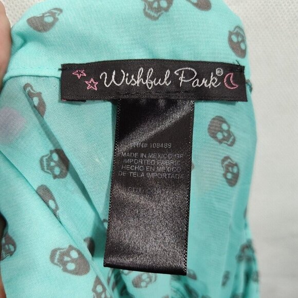 Wishful Park Green Button Up Skull Printed Blouse Top Sheer Women Size L 3/4 Slv - Picture 6 of 8